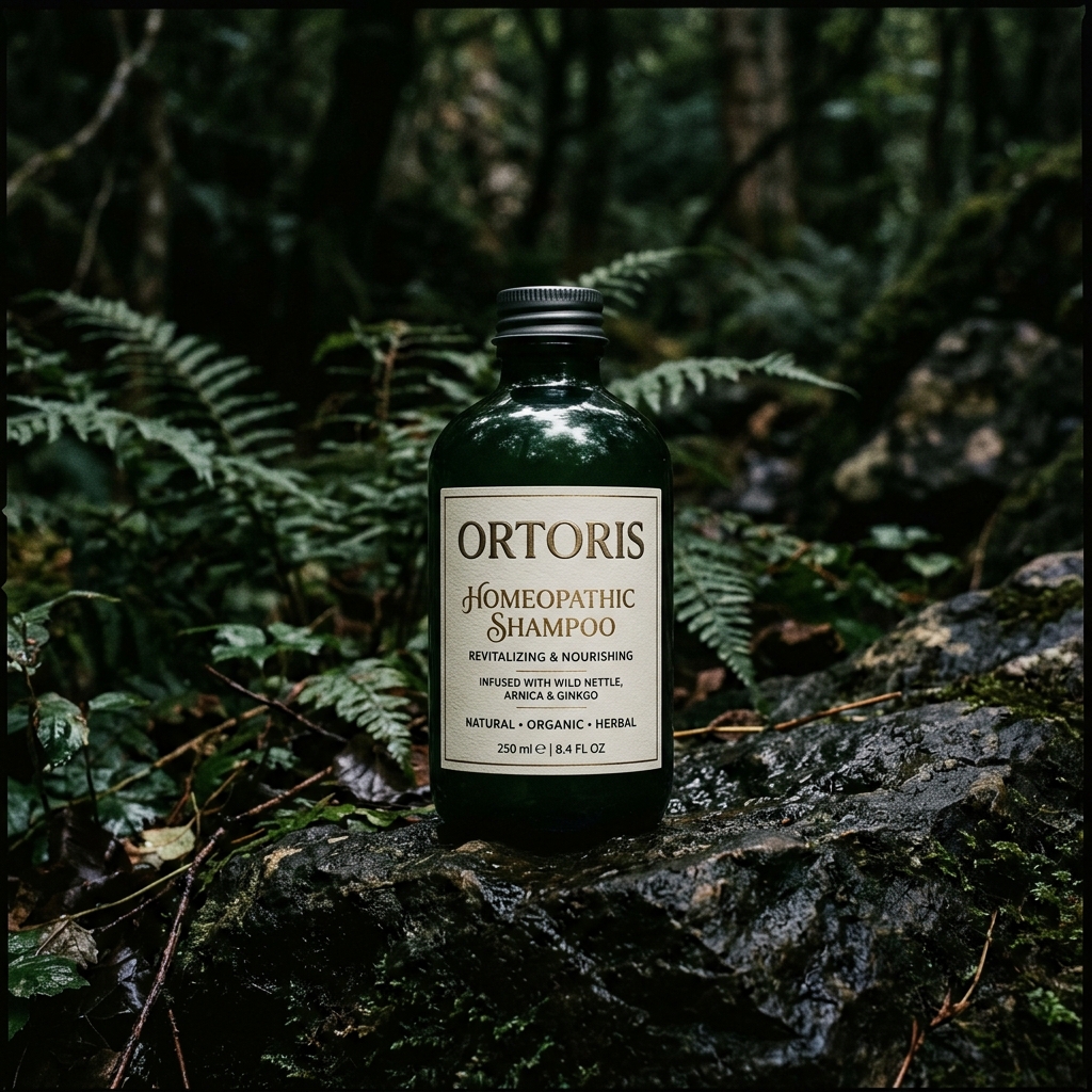 Ortoris Homeopathic Shampoo — dark moody product shot
